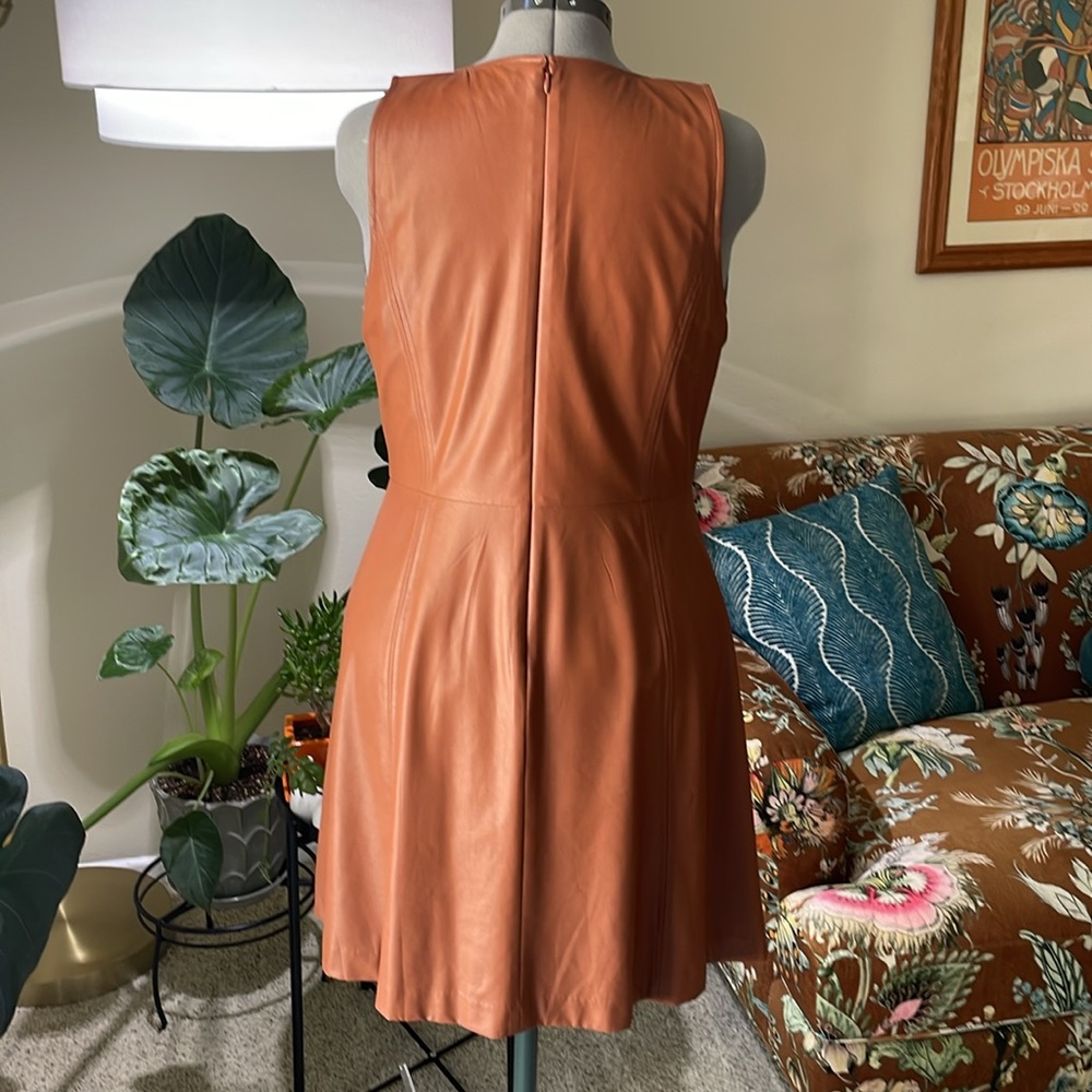 Ann Taylor Loft Cognac Brown Sleeveless Faux Leather Flare Dress - Size 12 - Picture 8 of 12